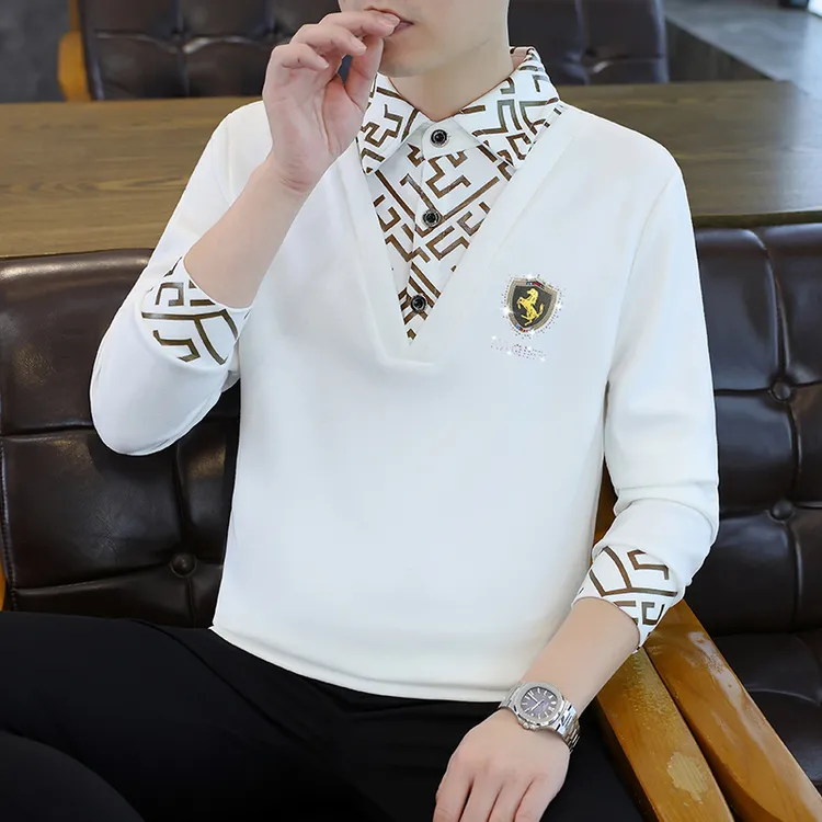 秋季假两件欧版轻奢卫衣男套头时尚百搭休闲帅气翻领潮流卫衣男士