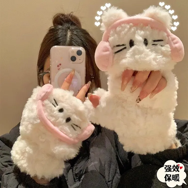 耳机猫翻盖露指手套女秋冬可爱百搭学生骑行防寒保暖写字可触屏TJ