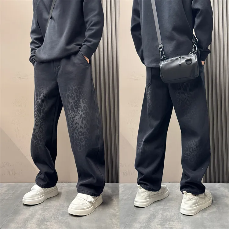 秋冬潮流水洗复古加绒加厚直筒设计感牛仔裤男痞帅宽松美式长裤