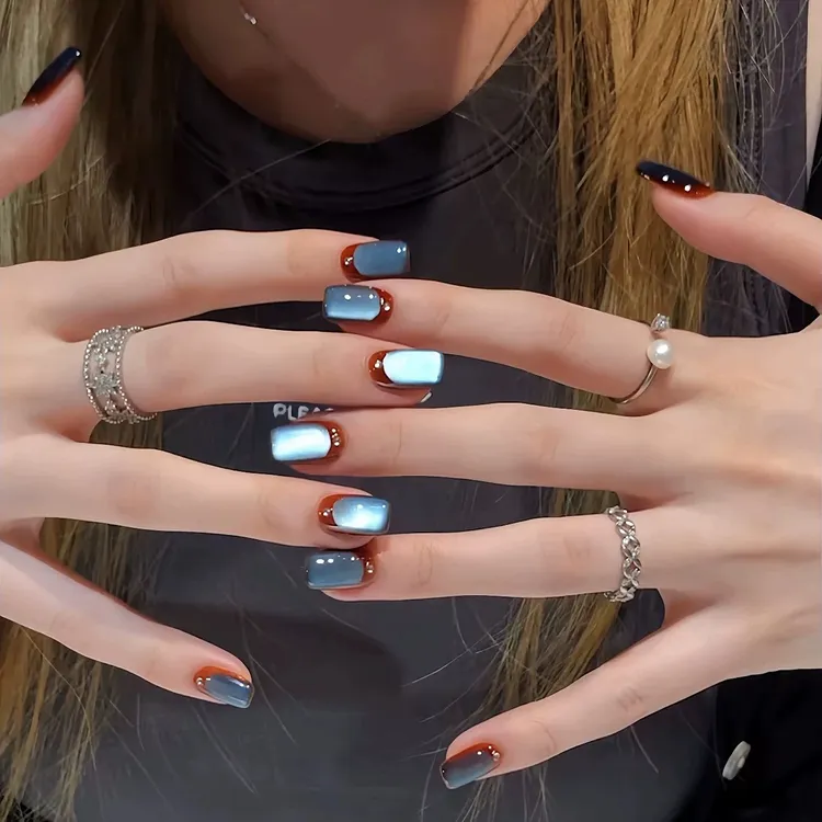 【雾蓝琥珀】高级冰蓝猫眼纯手工穿戴甲气质显白简约秋冬短款美甲