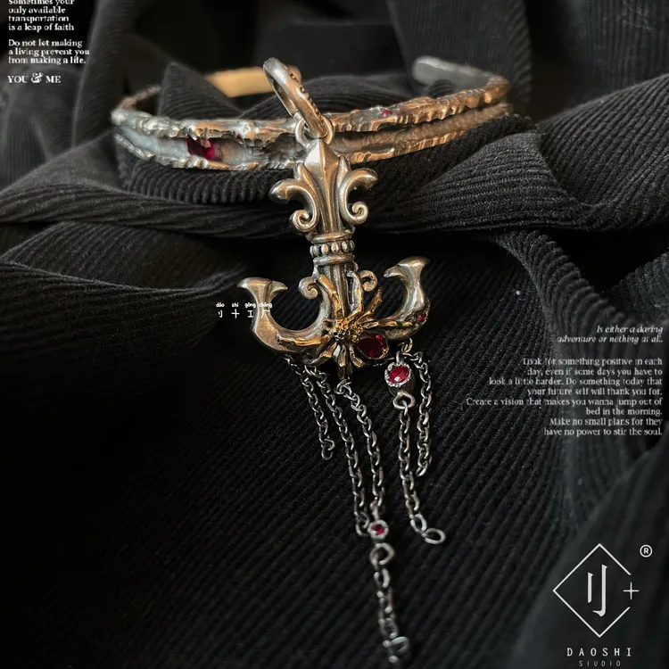 吊坠925银 复古囍蛛船锚流苏吊坠项链925纯银