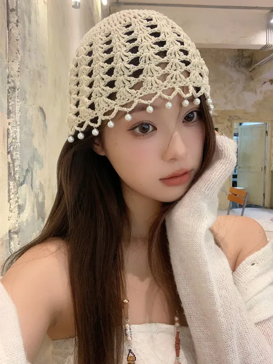 新款民族风手工编织帽女夏季花朵镂空针织帽包头帽珍珠流苏帽子