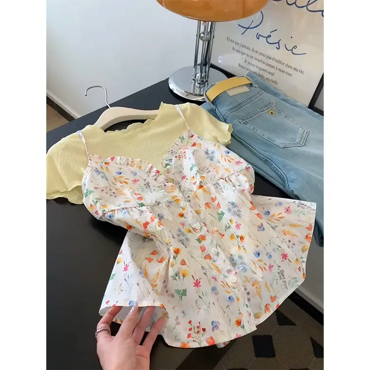 韩版气质v领碎花吊带背心+百搭木耳边休闲短袖T恤上衣套装女夏季