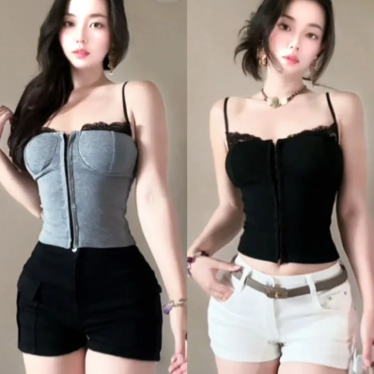 一只予 韩版重工排扣胸垫蕾丝撞色拼接吊带背心