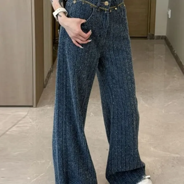 拉夏贝尔小香风毛边牛仔裤女2025秋季新款复古高腰宽松显瘦阔脚裤