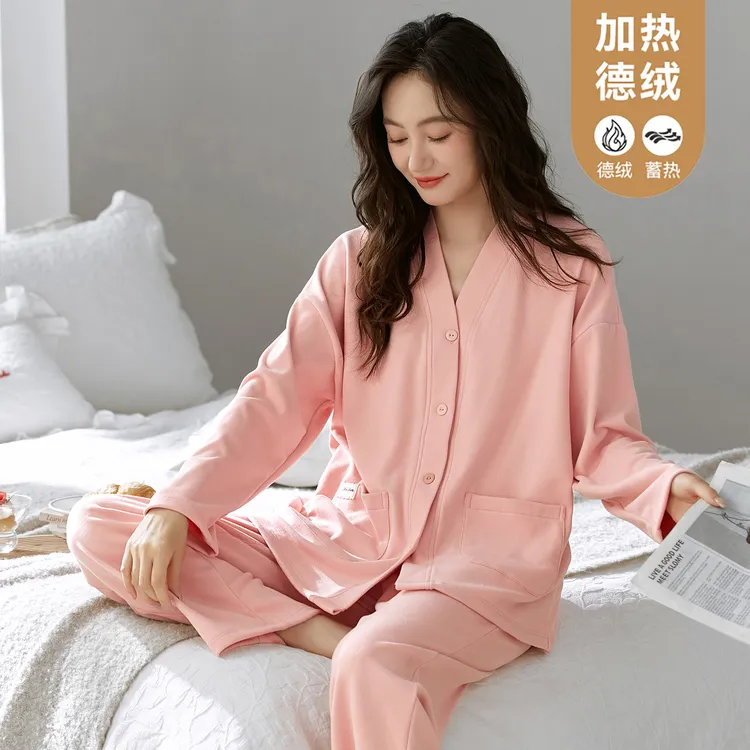 睡衣春秋冬季女款保暖德绒加大码套装新款女士长袖开衫薄绒家居服
