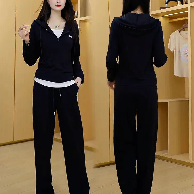 假两件运动服套装春秋2025年新款韩版显瘦宽松跑步连帽外套两件套
