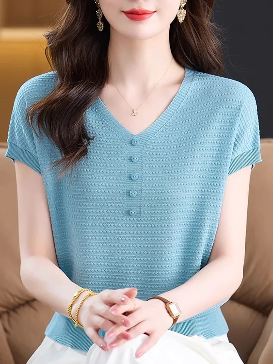 2025夏季新款时尚百搭V领冰丝莱赛尔气质薄款女天丝宽松显瘦短袖
