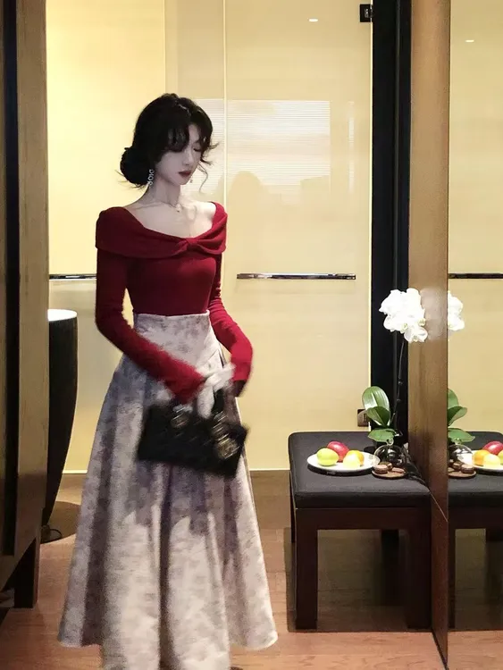 叮叮家【红芭蕾】法式新款针织蝴蝶结上衣+高腰碎花半身裙两件套