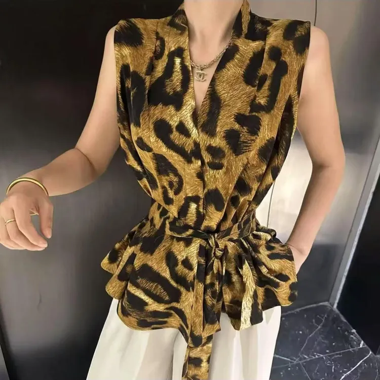 法式V领交叉复古印花无袖衬衫女夏上衣不规则设计感收腰绑带背心