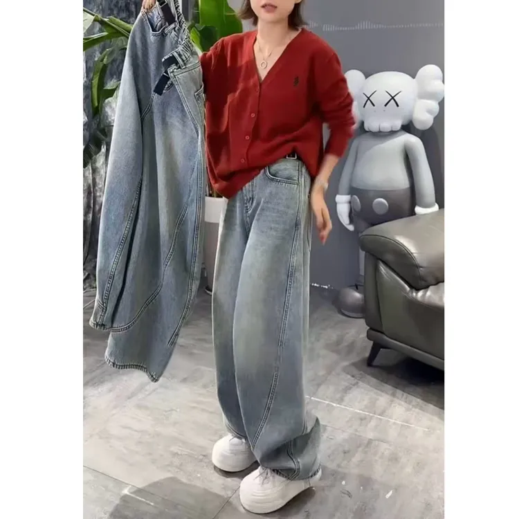 秋冬新款胖mm大码弯刀加绒拖地裤显瘦高腰阔腿牛仔裤女