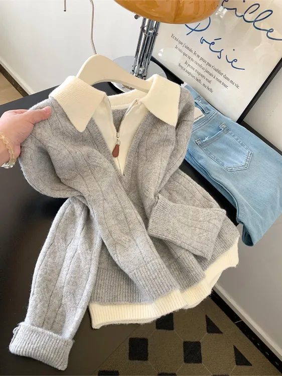 高级感半拉链假两件灰色毛衣女2025秋冬翻领可外穿内搭针织衫上衣