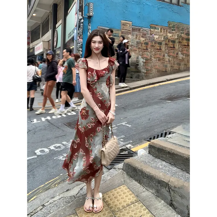 凌茜【朱绫】新中式碎花显瘦法式修身优雅氛围感旗袍连衣裙