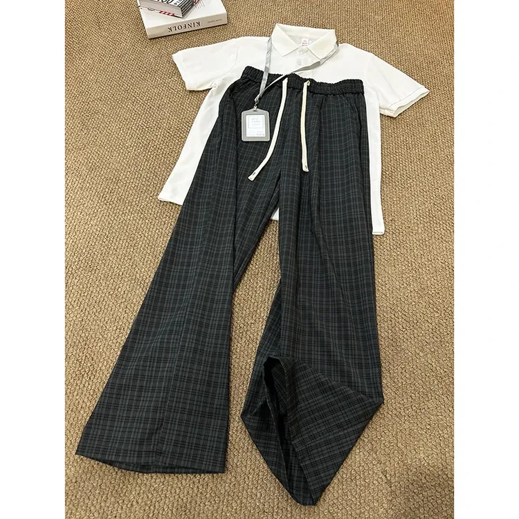 灰色透气冰丝格子裤男夏季薄款松紧腰阔腿裤子垂感慵懒休闲直筒裤