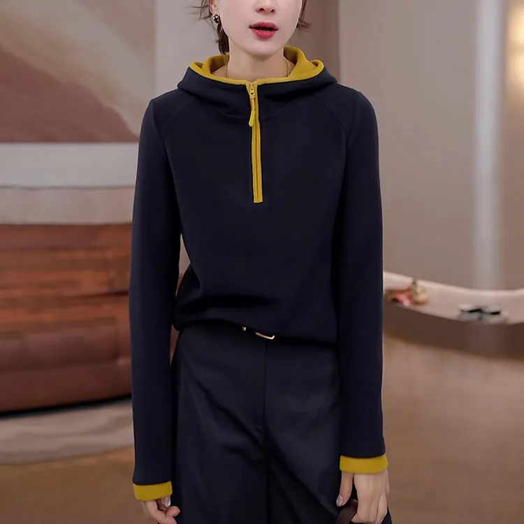 2025秋冬季新款女连帽卫衣加厚半拉链时尚减龄显瘦打底帽衫上衣