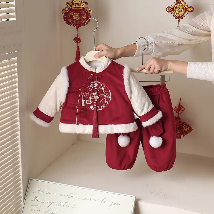 婴儿连体衣冬装加绒加厚棉服中国风宝宝周岁拜年服礼服外出套装
