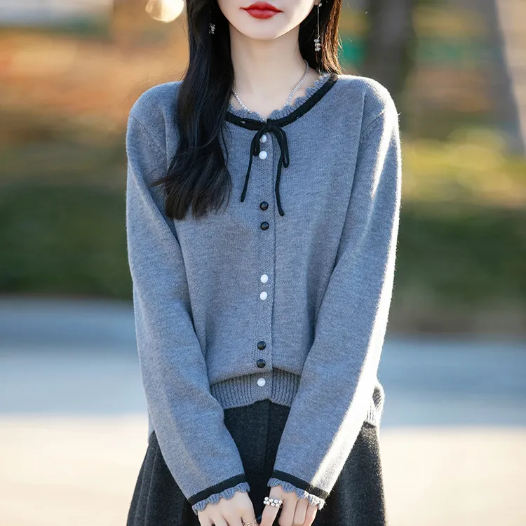 100纯羊毛针织开衫女2025春秋季新款小个子短款外搭软糯毛衣外套