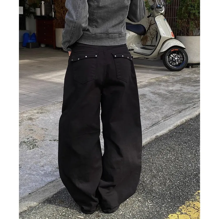 美式复古黑色铆钉牛仔裤女秋冬2025新款宽松阔腿拖地直筒梧桐裤子