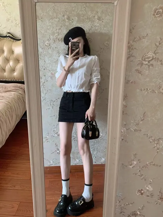 2025新款高级感甜美法式七分袖衬衫花边刺绣短款上衣百搭半身裙