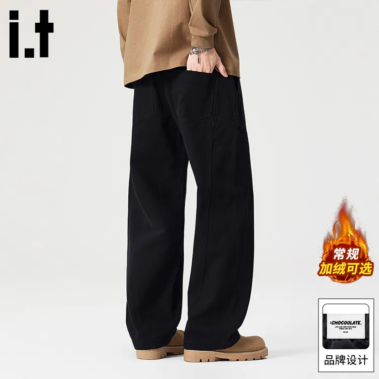 it: CHOCOOLATE纯棉弯刀工装裤男士冬季加绒宽松阔腿拼接休闲裤子