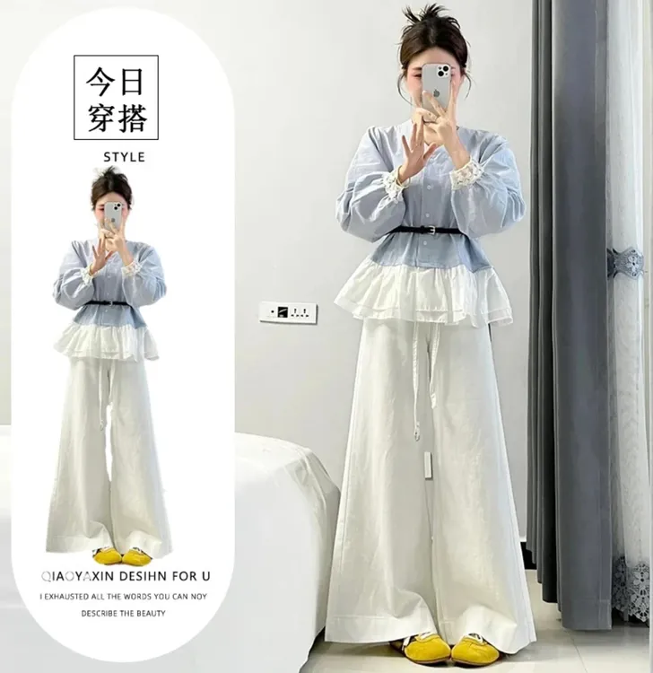 2025超火两件套装夏季新款高级感独特撞色拼接衬衫白色气质阔腿裤