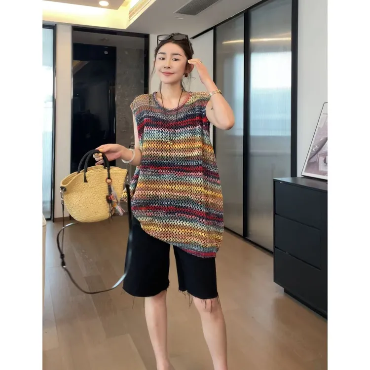 玖了个玖 2025夏款 极简百搭彩虹条纹镂空中长款上衣 2505C2884