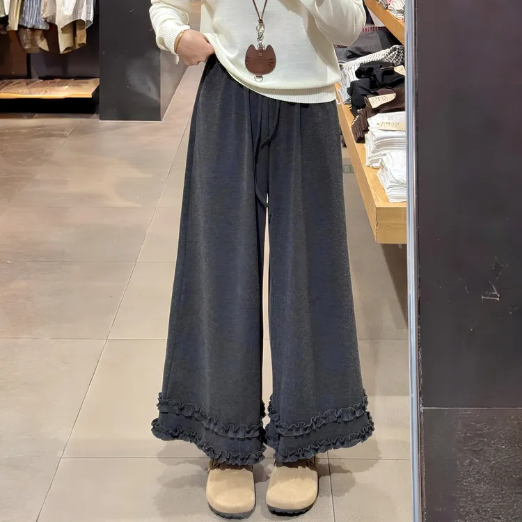 大码300斤花边阔腿糯米裤女秋季2025新款高腰显瘦慵懒风休闲裤子