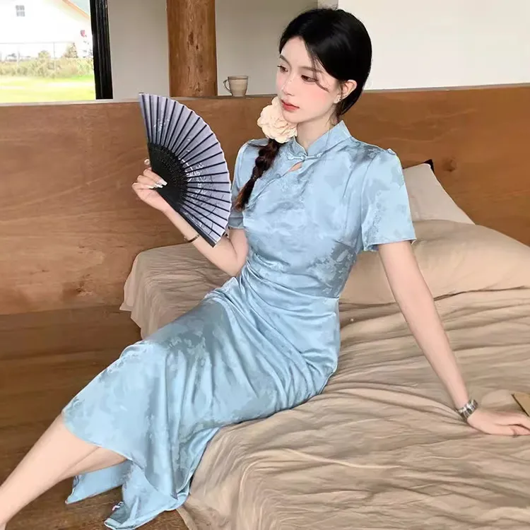 新中式国风提花改良旗袍短袖连衣裙女夏收腰清冷感蓝色包臀长裙子