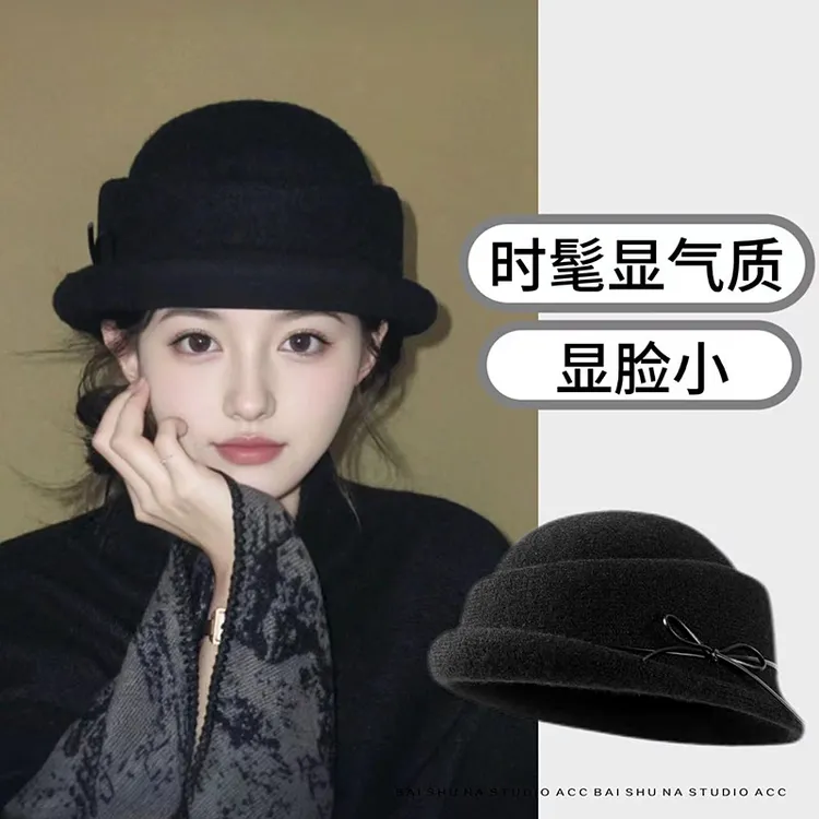赫本风复古黑色渔夫帽秋冬百搭盆帽礼帽千金风气质法式贵气帽子