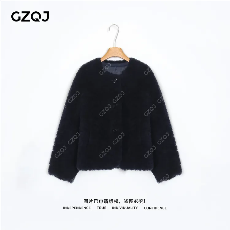 老琴私服【蓝绒纪元】琥珀流光风100羊毛圆领牛角扣外套女冬 0018