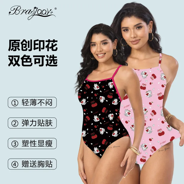 百梵莎丨原创猫咪樱桃印花竞技泳衣中开叉露背小性感可爱少女感