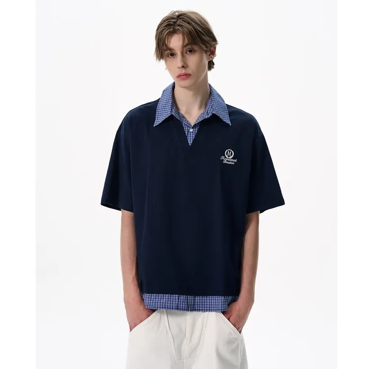 假两件短袖男女格子拼接polo衫t恤翻领情侣复古宽松休闲上衣学生