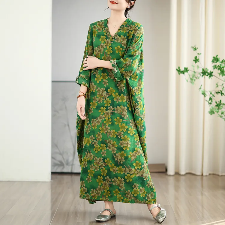 清仓捡漏~花色度假风旅游V领复古长裙女2025夏新款遮肚棉麻连衣裙