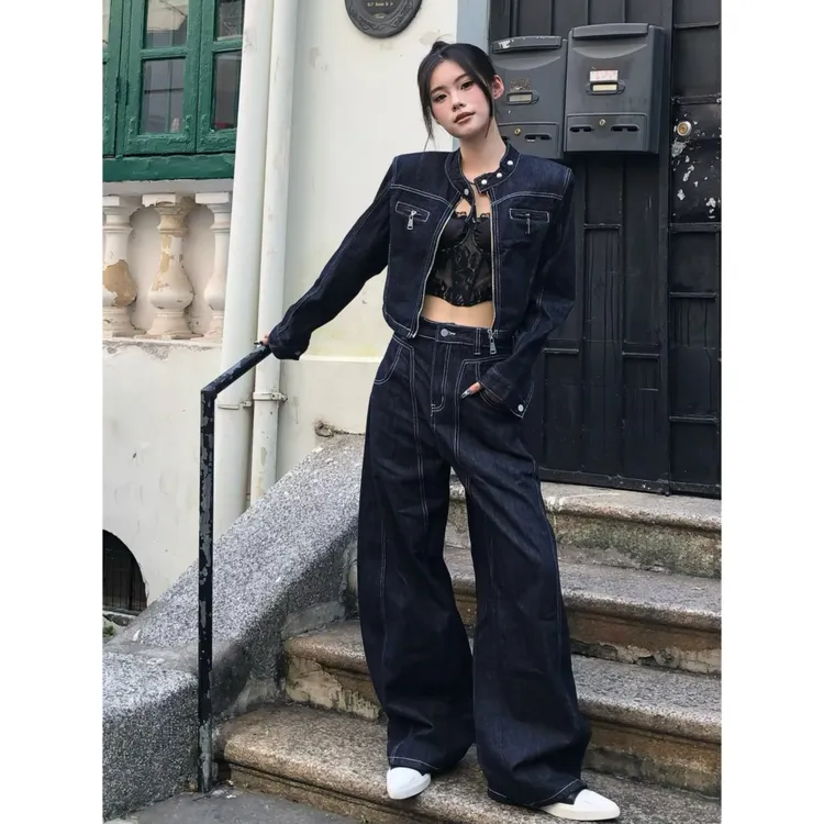 牛仔套装美式复古拉链立领机车风夹克短外套老钱风松弛感女装贵气