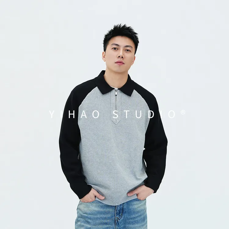 YIHAO STUDIO秋冬男款高级拼色POLO针织衫时尚百搭休闲保暖毛衣