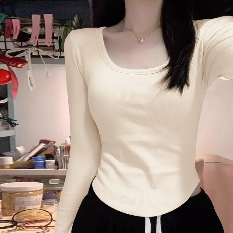 纯棉杏色方领长袖t恤女秋冬内搭短款打底衫辣妹修身显瘦纯欲上衣
