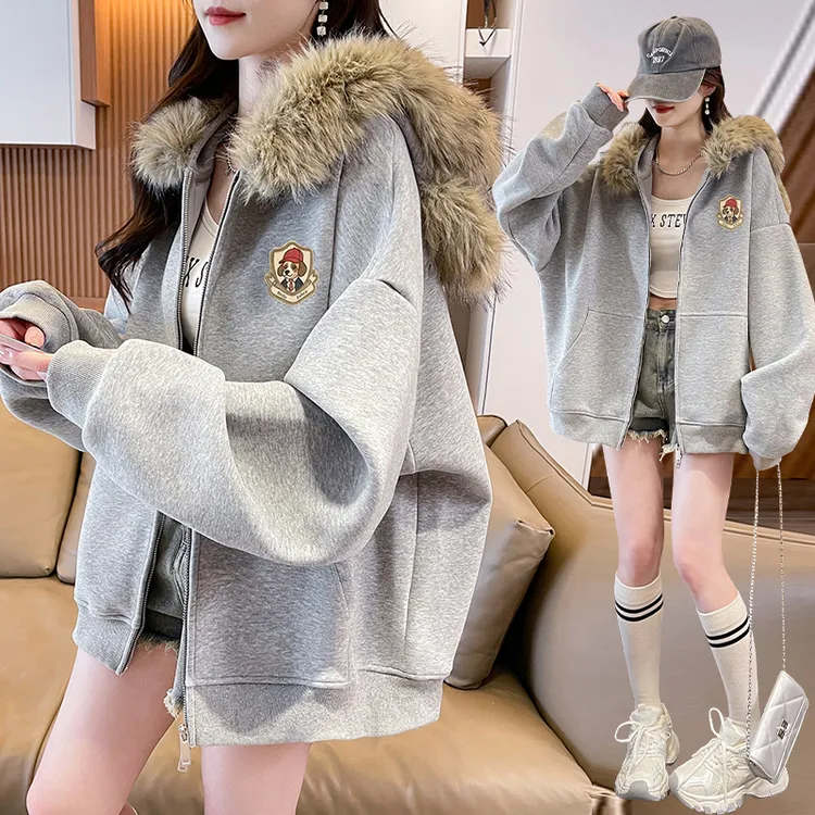 高街毛领连帽卡通小熊宽松长袖卫衣女秋冬加厚保暖高级感开衫外套