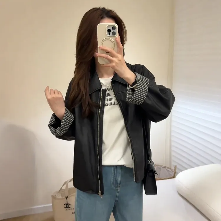 高级感格子拼接皮衣外套女装2025春装新款韩系时尚设计感宽松上衣