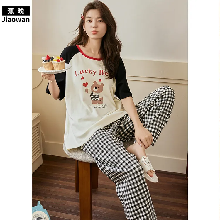 蕉晚甜美女士带胸垫睡衣夏季薄款短袖短裤长裤家居服可外穿三件套