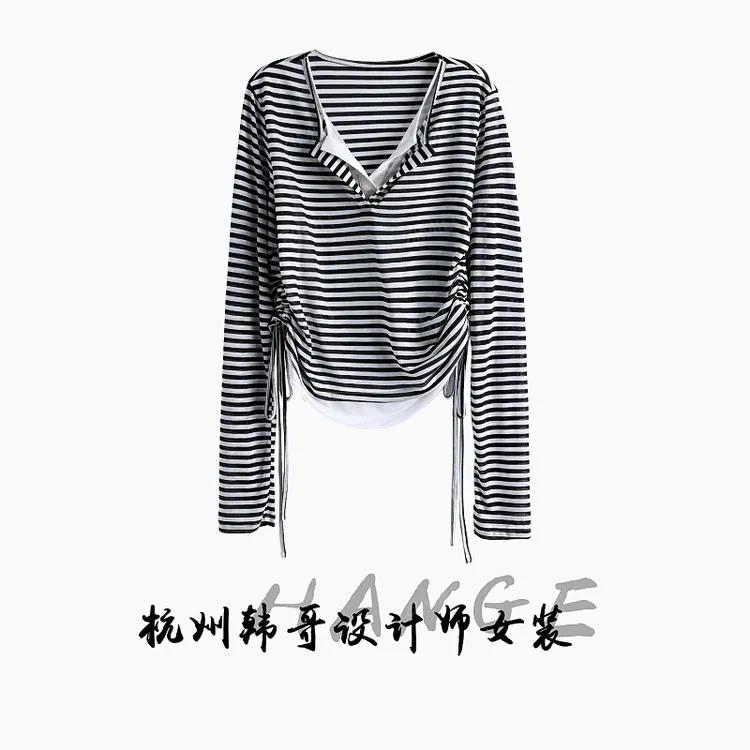 【韩哥女装】2025欧版新品黑白条纹时尚v领抽绳收腰高弹上衣3202-A2