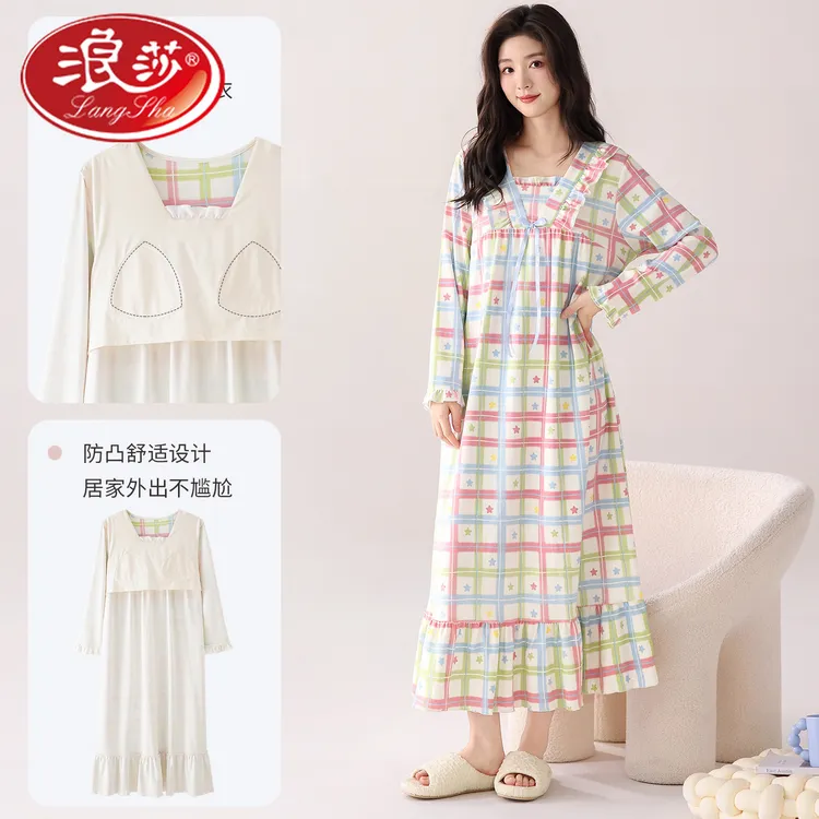 浪莎100%纯棉女士带胸垫睡裙2025春秋新款长袖公主风卡通家居服睡