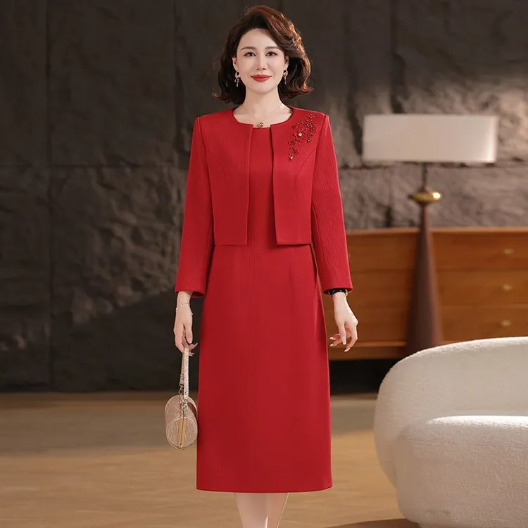 王小鸭高贵妈妈婚礼喜服2025秋季新款气质喜婆婆显瘦礼服两件套装