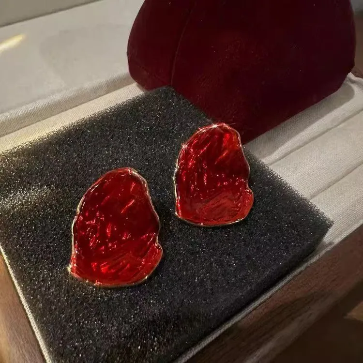 铜合金耳饰 显瘦红色耳环滴油小众设计夸张耳饰高级不规则197#