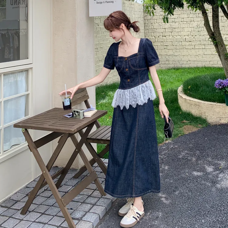 法式复古牛仔套装裙女夏季2025新款蕾丝拼接上衣高腰半身裙两件套