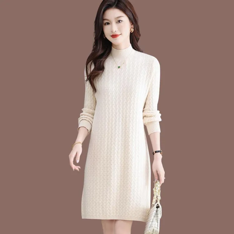 雅鹿百搭羊毛针织打底连衣裙女秋冬新款配大衣内搭毛衣裙中长款