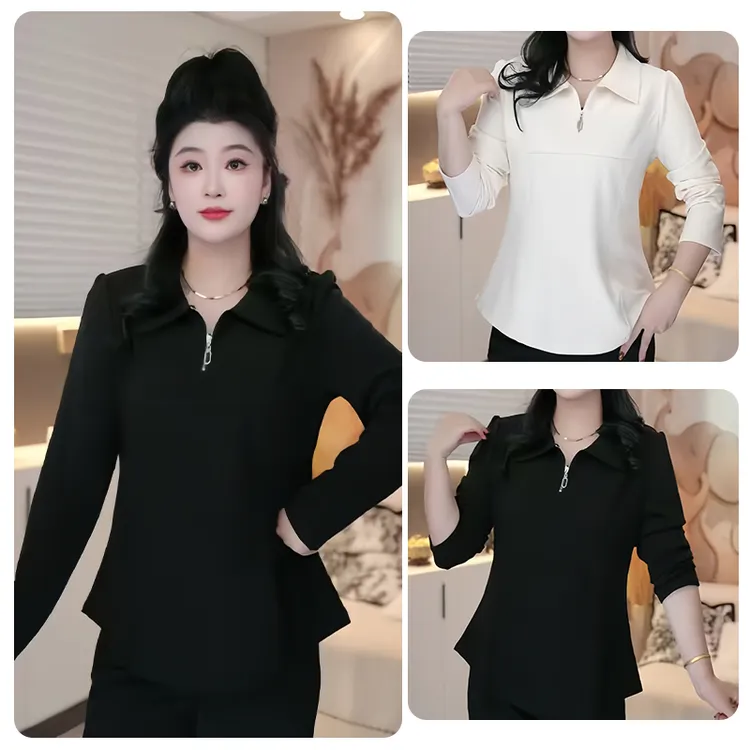 蕾蕾2025秋冬新款大码女装宽松显瘦Polo领分割半拉链卫衣女115