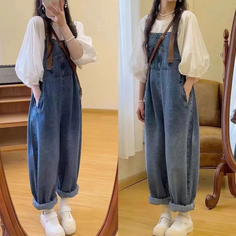 阔腿孕妇背带裤牛仔裤时尚韩系减龄宽松显瘦白色上衣两件套装春夏