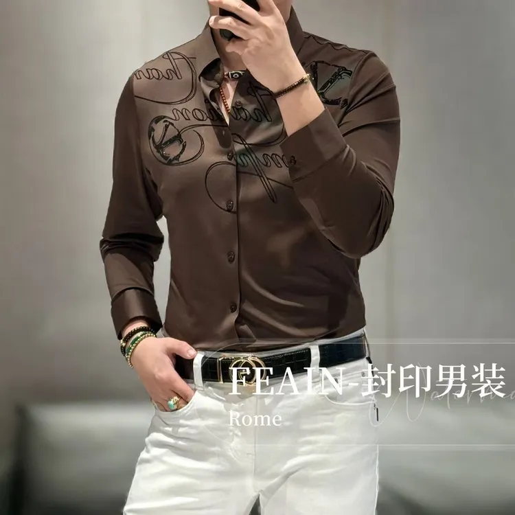 高端男士立体激光雕花植绒奥钻点缀长袖衬衫7606