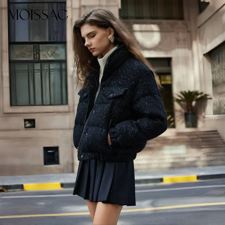 商场同款摩萨克冬绵羊毛小香风粗花呢短款立领羽绒服MWDD03307