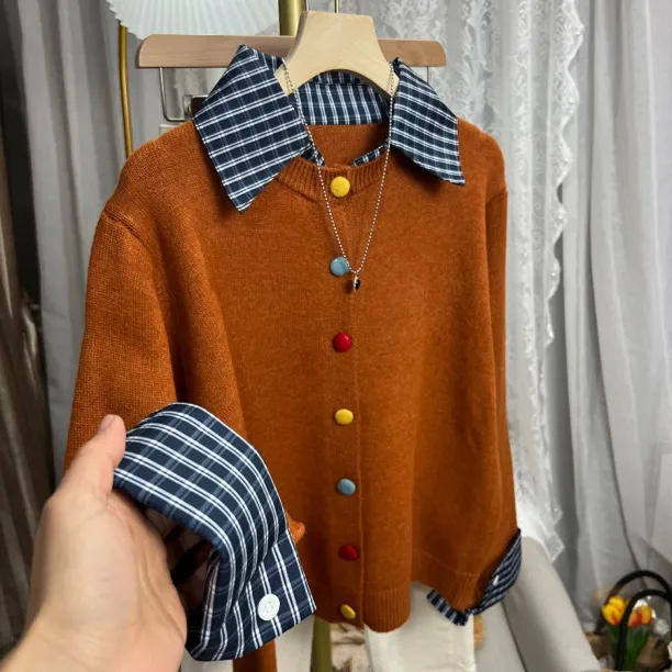 时尚衬衫拼接彩色纽扣针织开衫女春季新款洋气韩版假两件毛衣外套